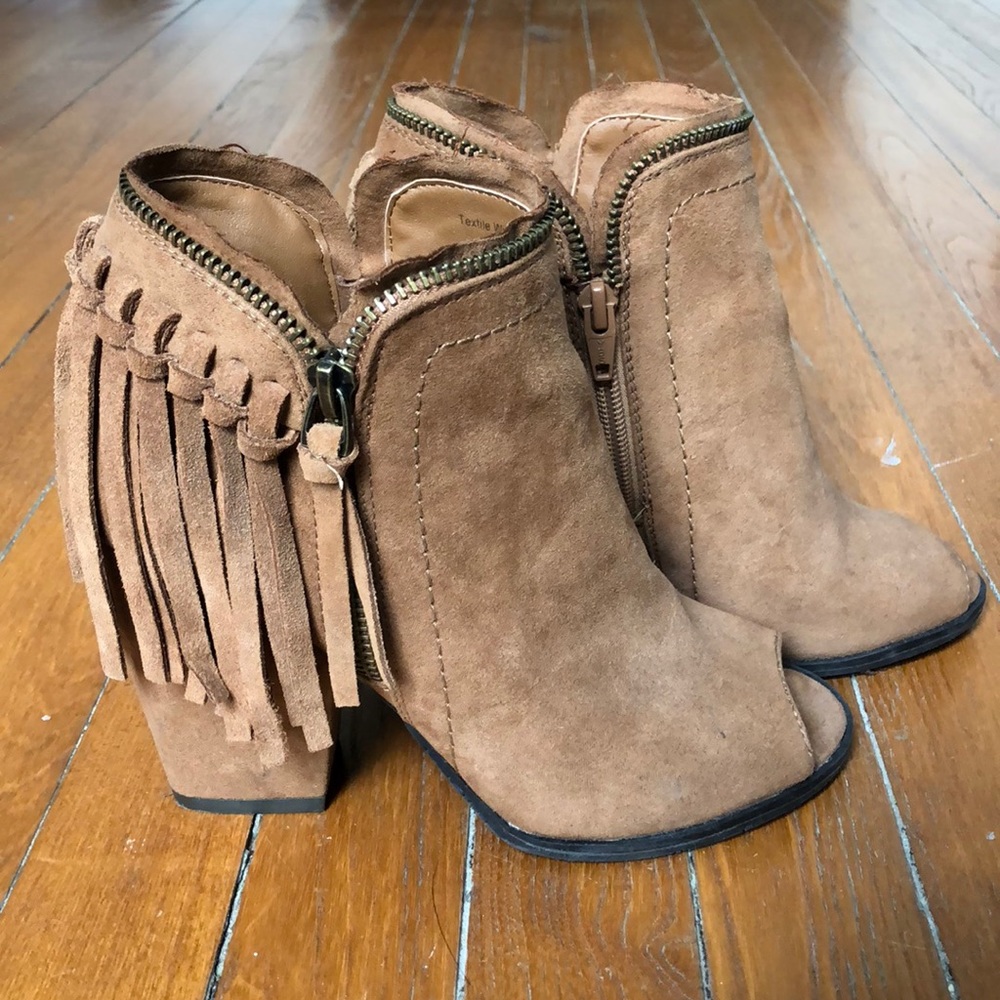 Camel Suede Fringe Peep Toe Booties